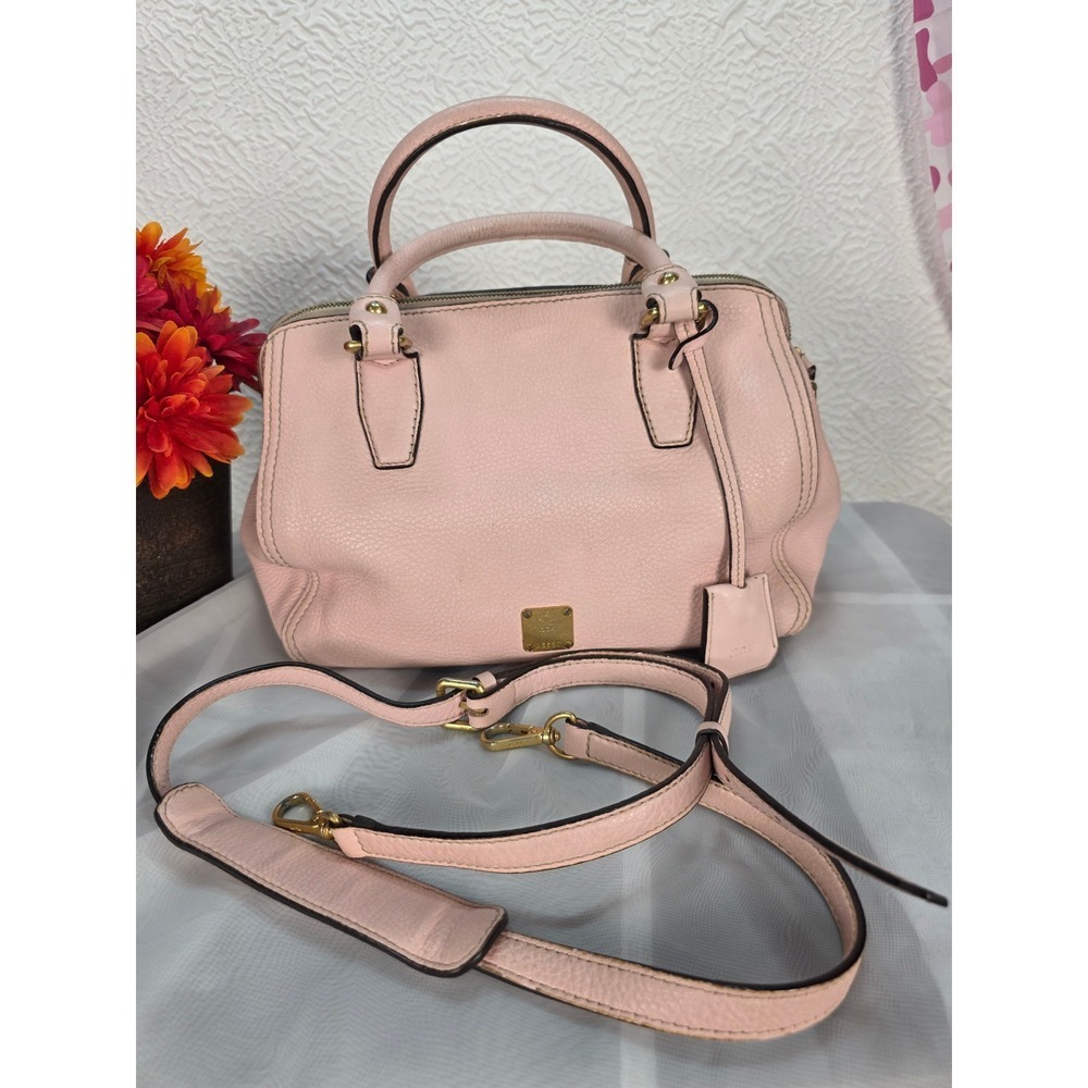 MCM Pink Pebbled Leather Boston Satchel Bag w/ Crossbody Strap